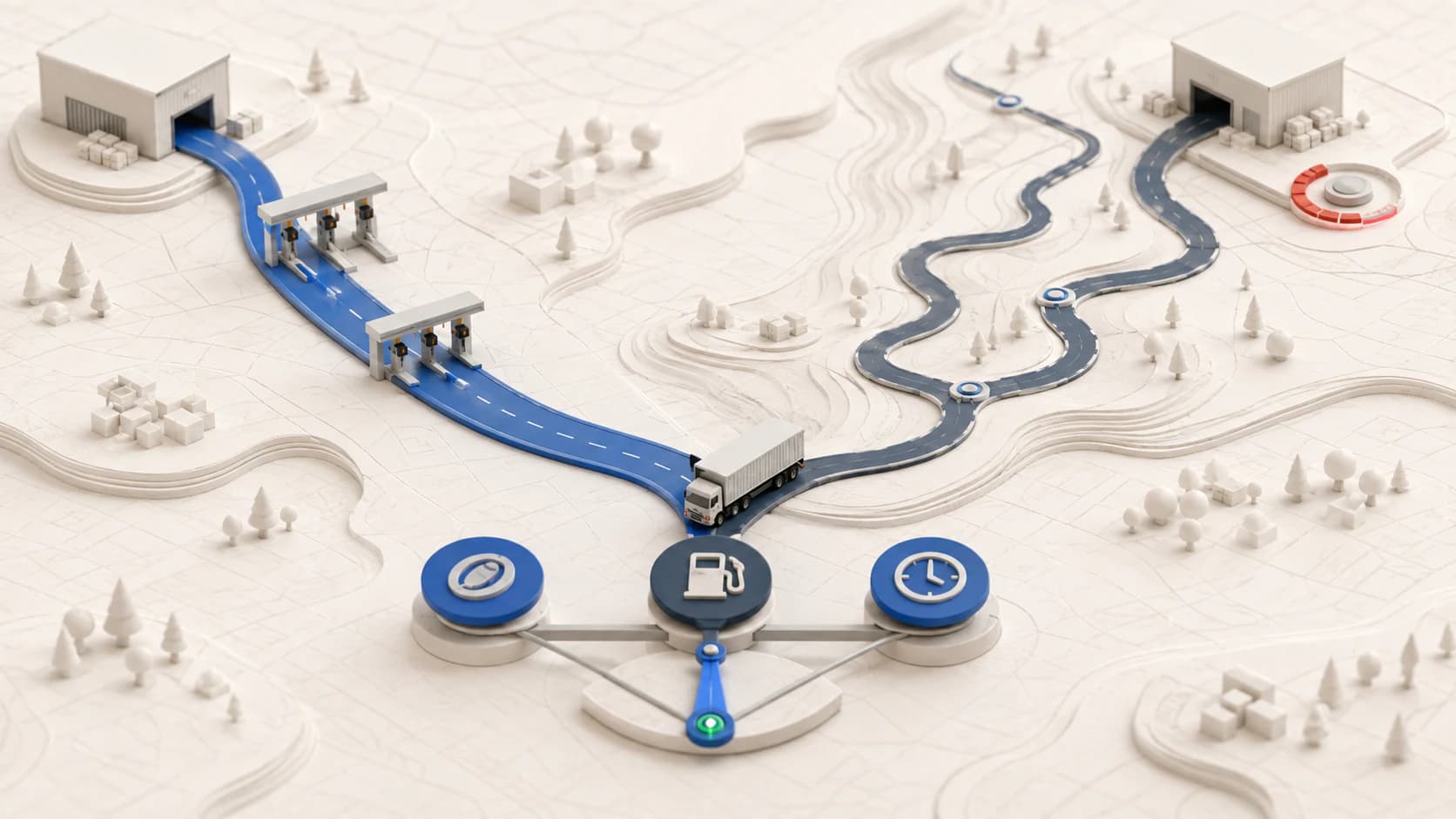 A 3D route scene comparing a short tolled motorway with a longer toll-free road by fuel and travel time