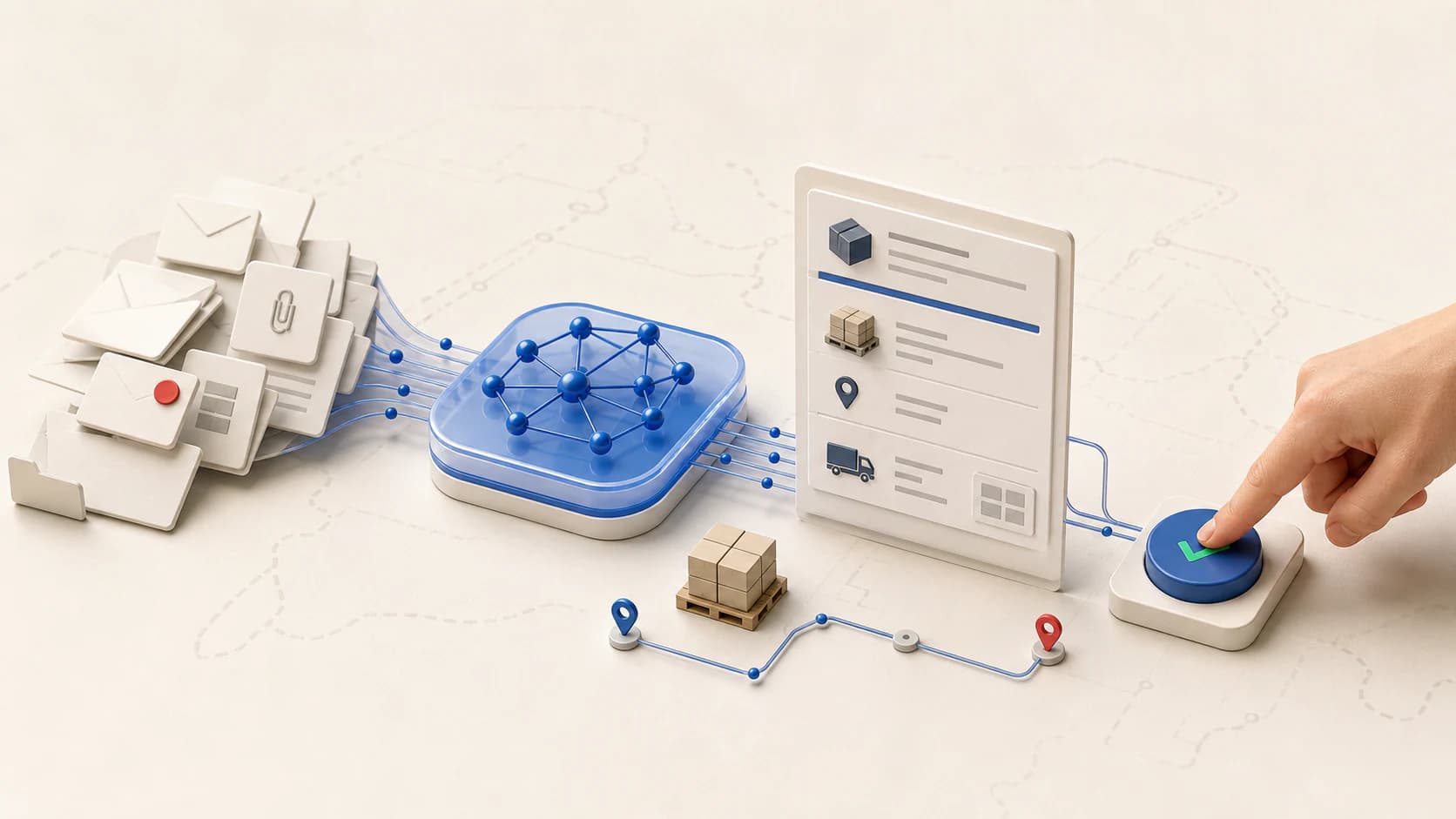 A 3D illustration of AI structuring scattered freight requests for human approval