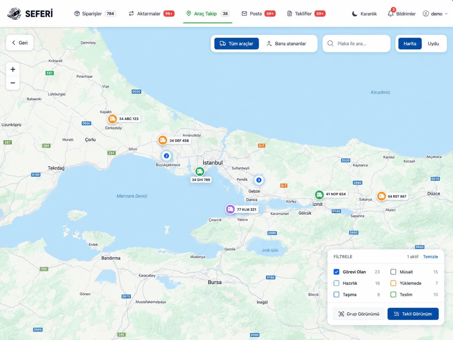 Seferi vehicle tracking: the fleet's live position on a map with plates coloured by status