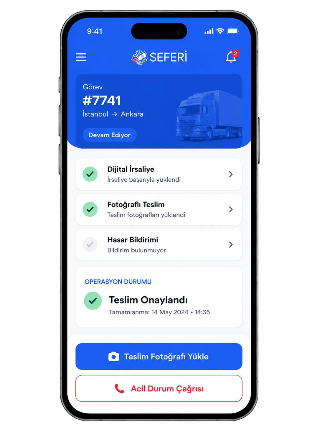 Seferi driver mobile app: an Istanbul–Ankara job with digital waybill and photo-proof delivery steps, delivery confirmation and an emergency call button