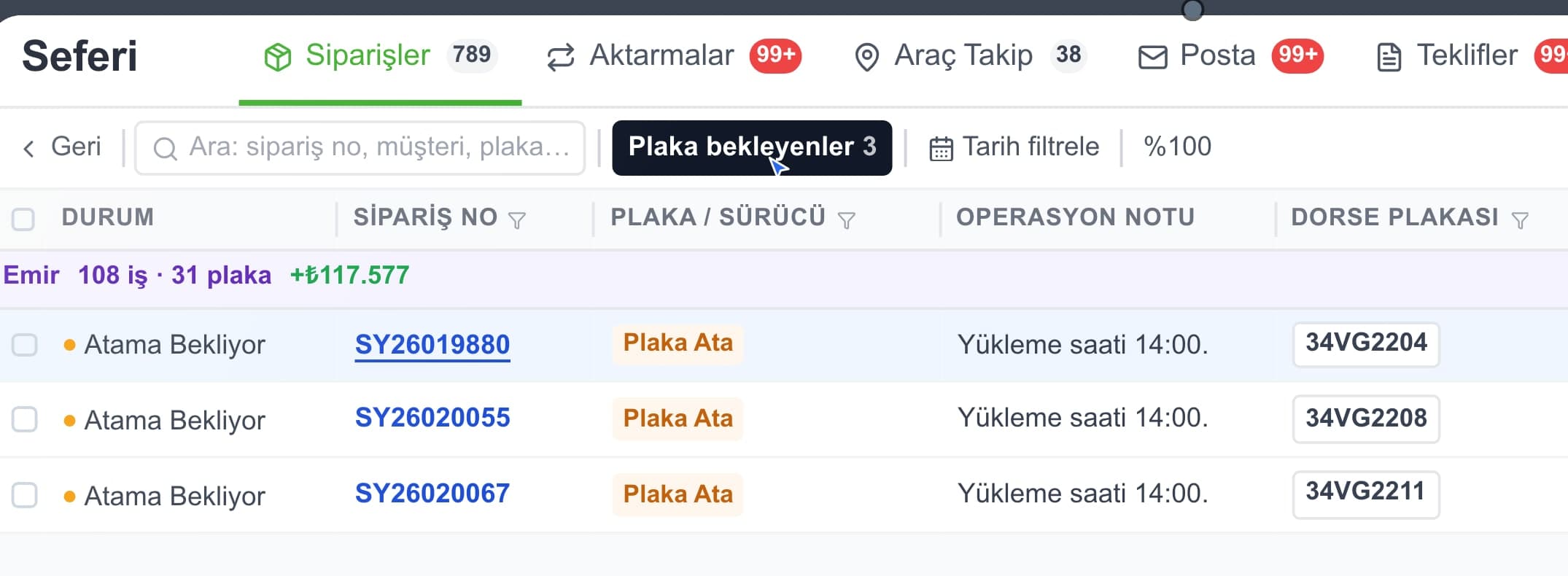 Seferi sipariş ekranı — her seferin plakası ve sürücüsü tek tabloda
