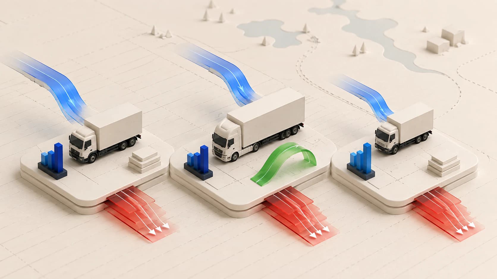 A 3D comparison of three trucks on separate revenue and cost platforms, with the middle truck rising into profit