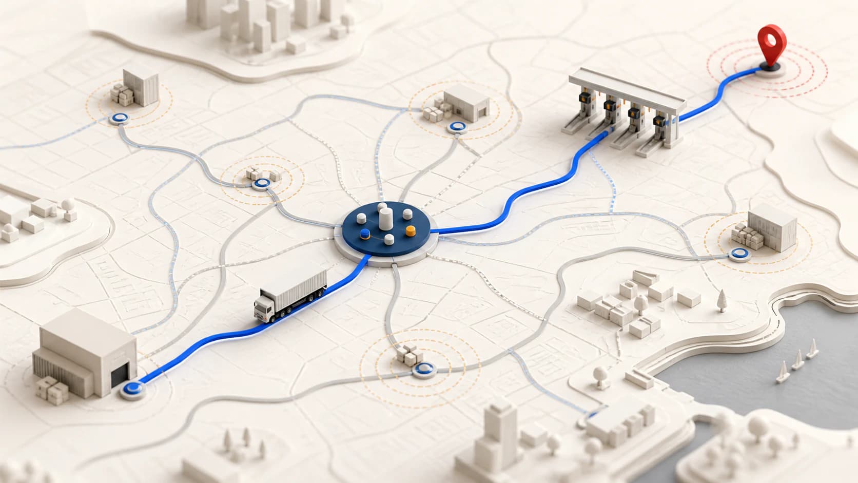 A 3D map showing a truck route optimized from multiple alternatives