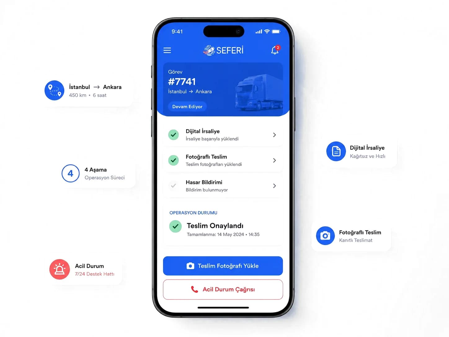 Seferi driver app: task card, stage steps and proof-of-delivery upload screen