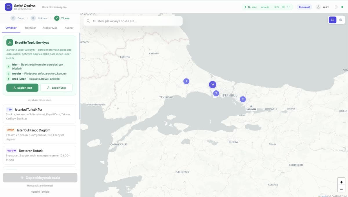 Seferi Optima route planning screen: the proposed plan, vehicle split and stop order