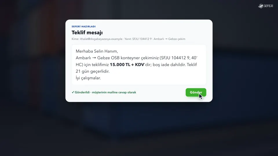 Teklif, talebin geldiği maile gider